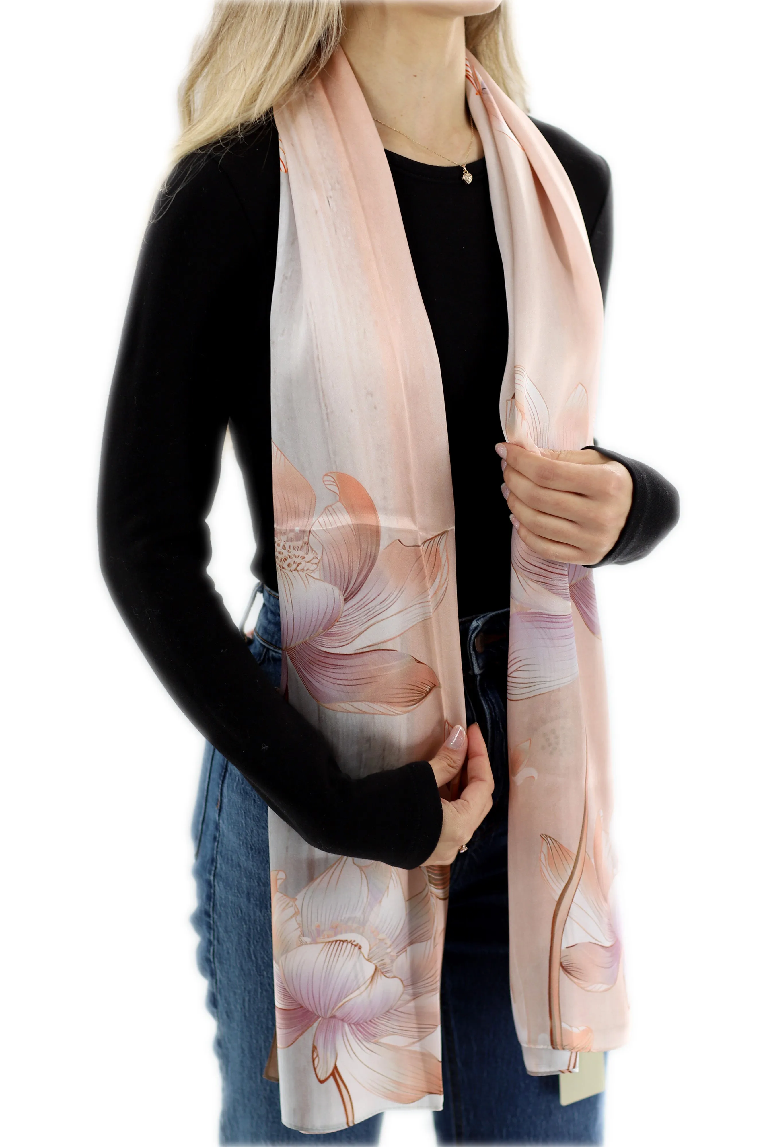 100% Silk Floral Print Scarf - Beige - (One Size 68x21.2in)