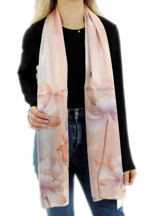 100% Silk Floral Print Scarf - Beige - (One Size 68x21.2in)