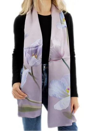 100% Silk Floral Print Scarf - Purple - (One Size 68x21.2in)