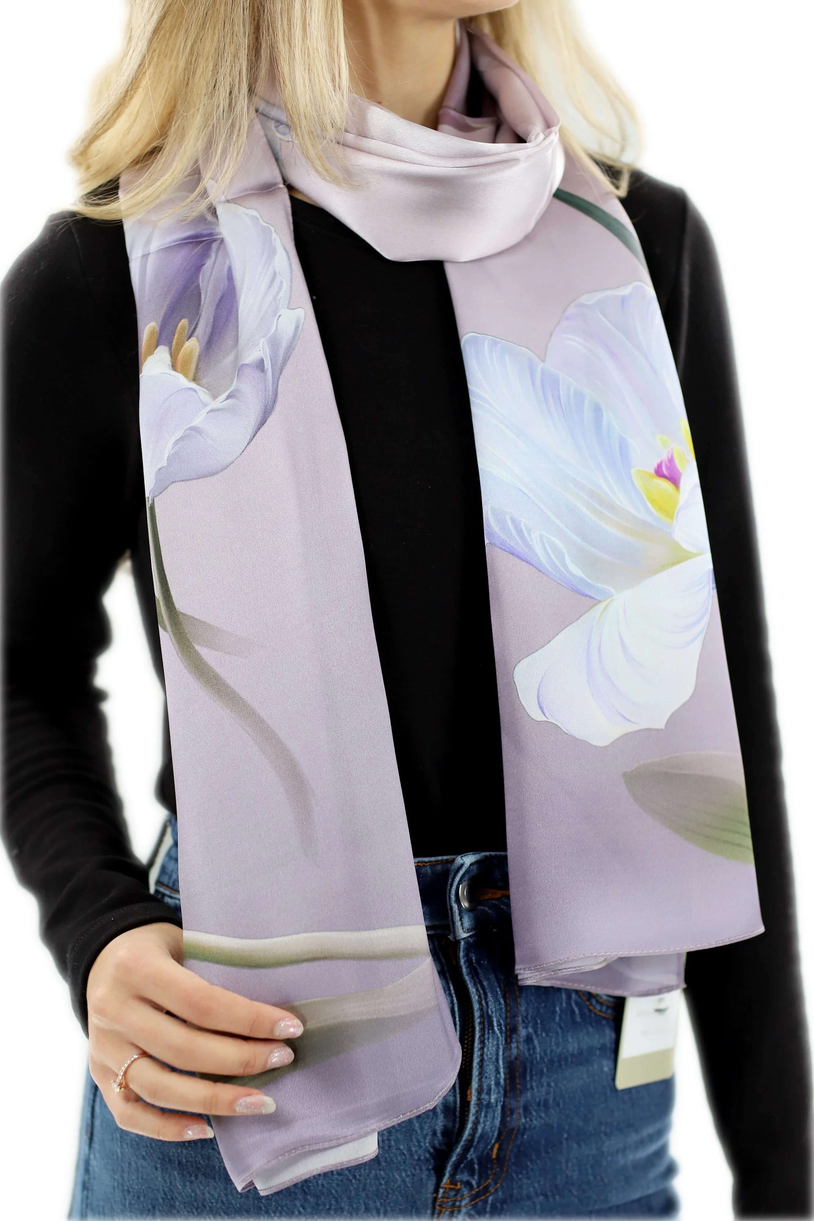 100% Silk Floral Print Scarf - Purple - (One Size 68x21.2in)