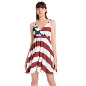 Americana USA Spaghetti Strap Sleeveless Falred Hem Short Dress