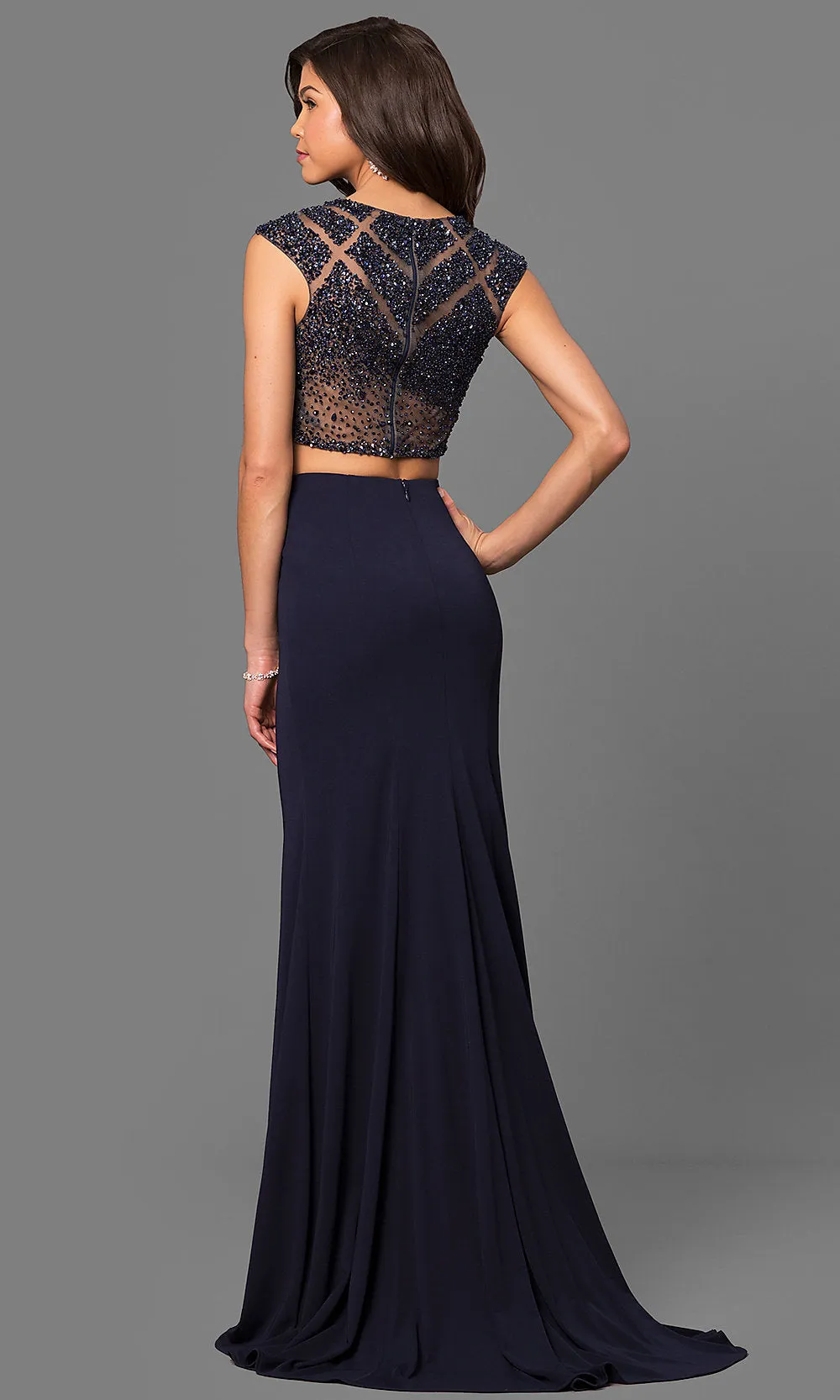 Beaded Cap Sleeve Long Two-Piece Dress