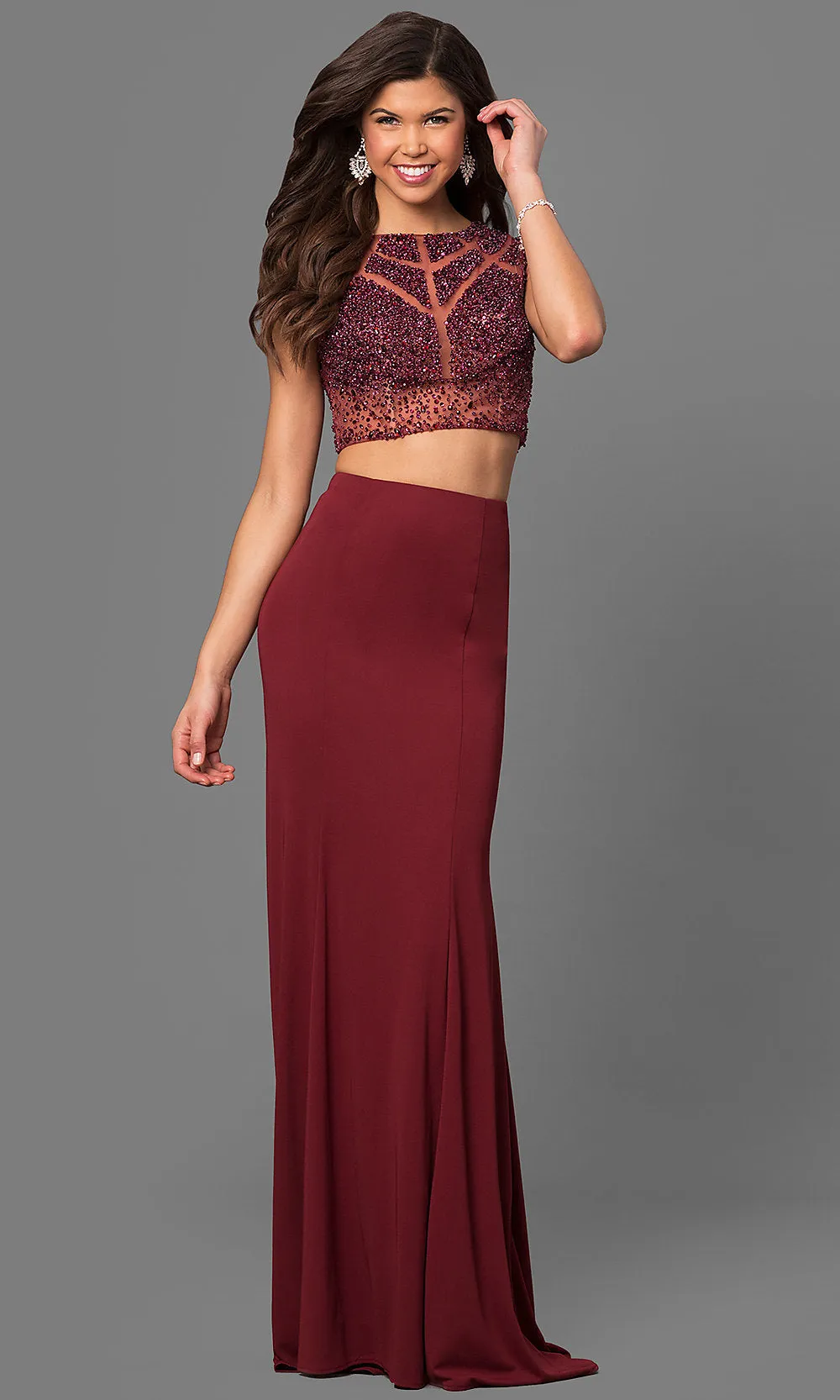 Beaded Cap Sleeve Long Two-Piece Dress