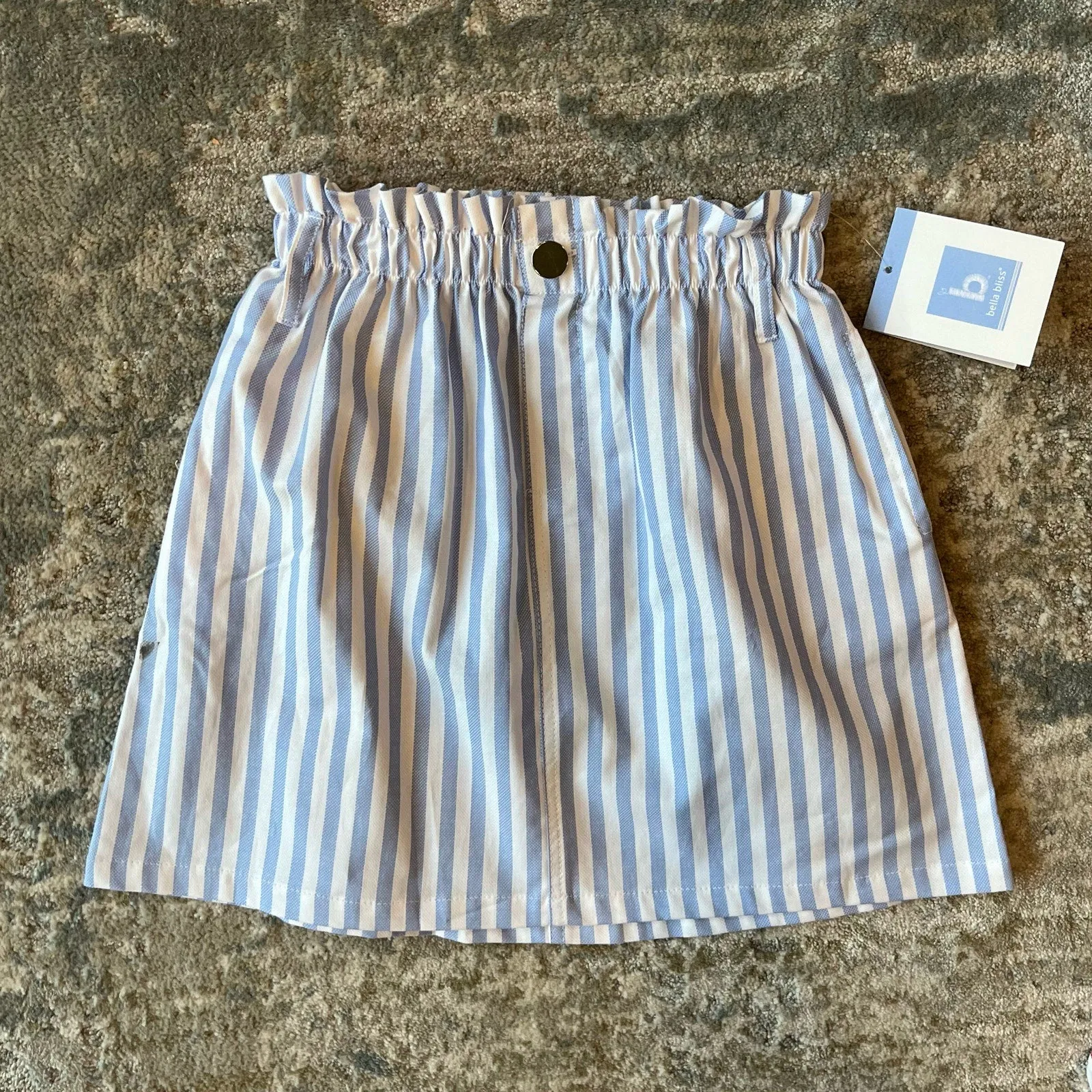 Bella Bliss Blue Wide Oxford Stripe Paperbag Skirt 8 NWT