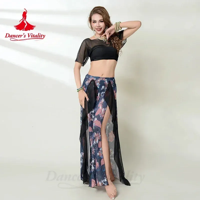 Belly Dance Costume Set for Women Gauze Short Sleeves Top printing Long Skirt 2pcs Adult Belly Dancing Outfit