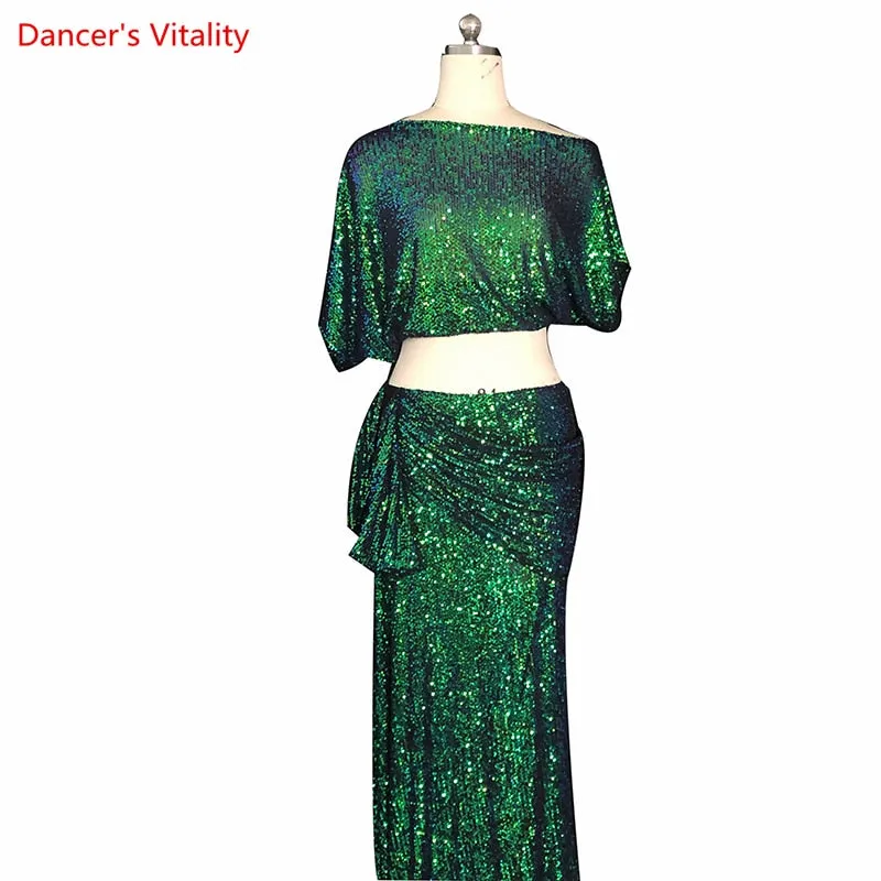 Belly Dance Performance Costume Dress Customzied Short Sleeves Top bling Bling Long Skirt 2pcs for Women Bellydancing Wear