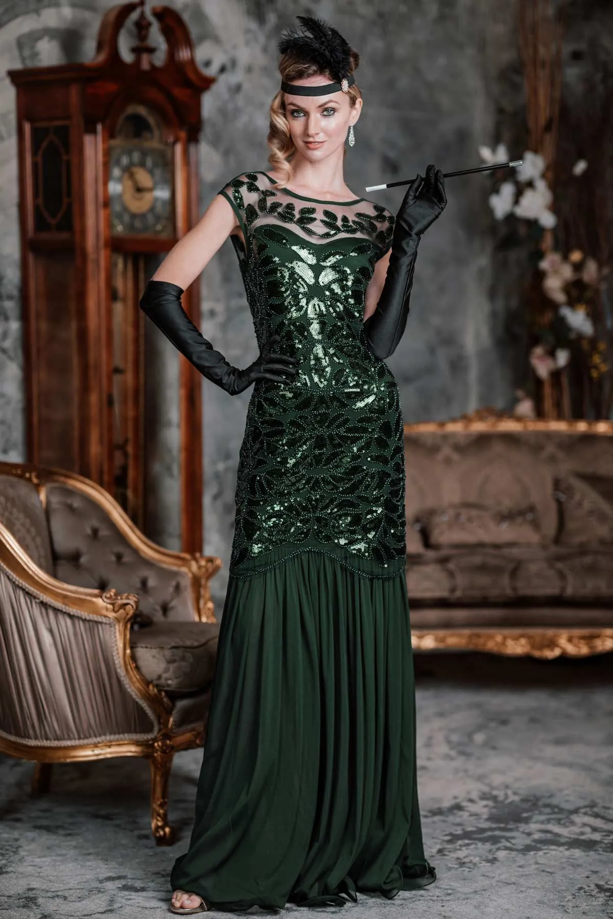 Black 1920s Sequin Maxi Flapper Dress