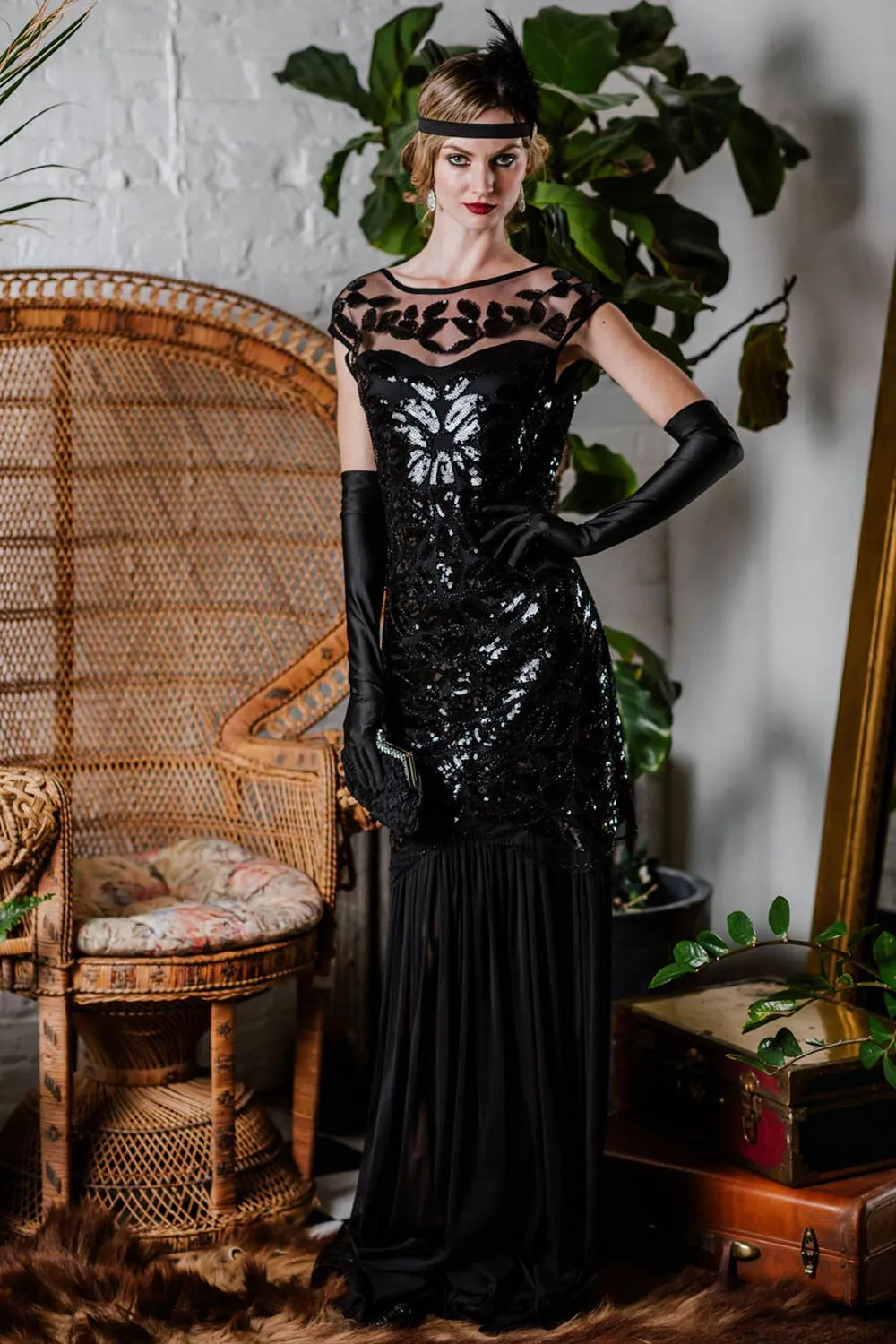 Black 1920s Sequin Maxi Flapper Dress