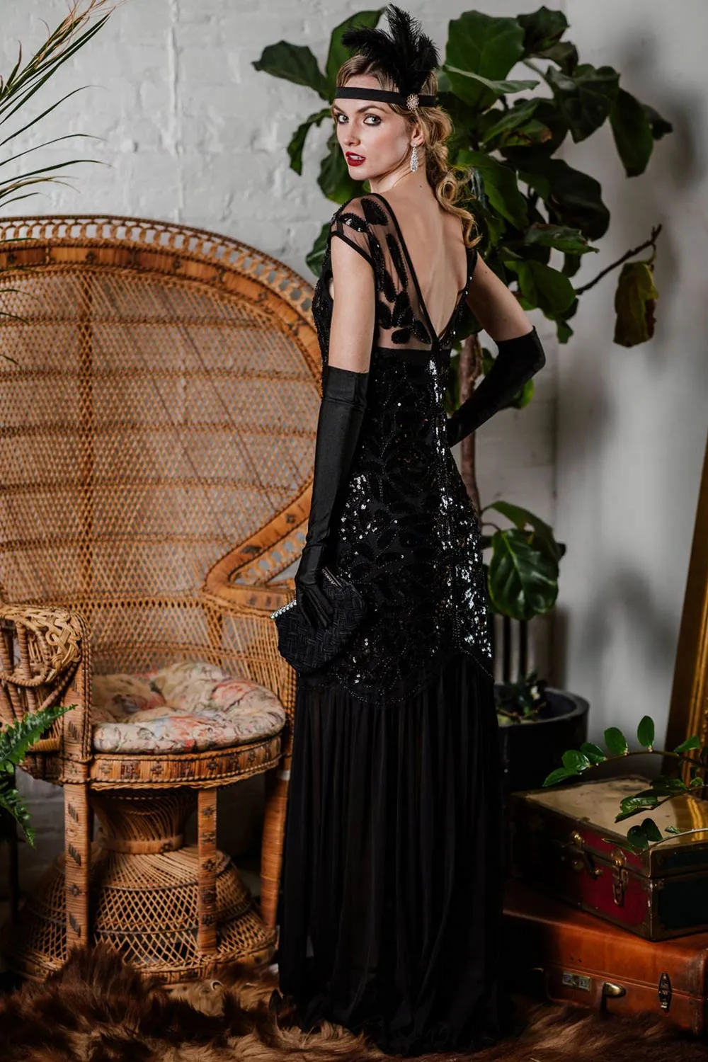 Black 1920s Sequin Maxi Flapper Dress