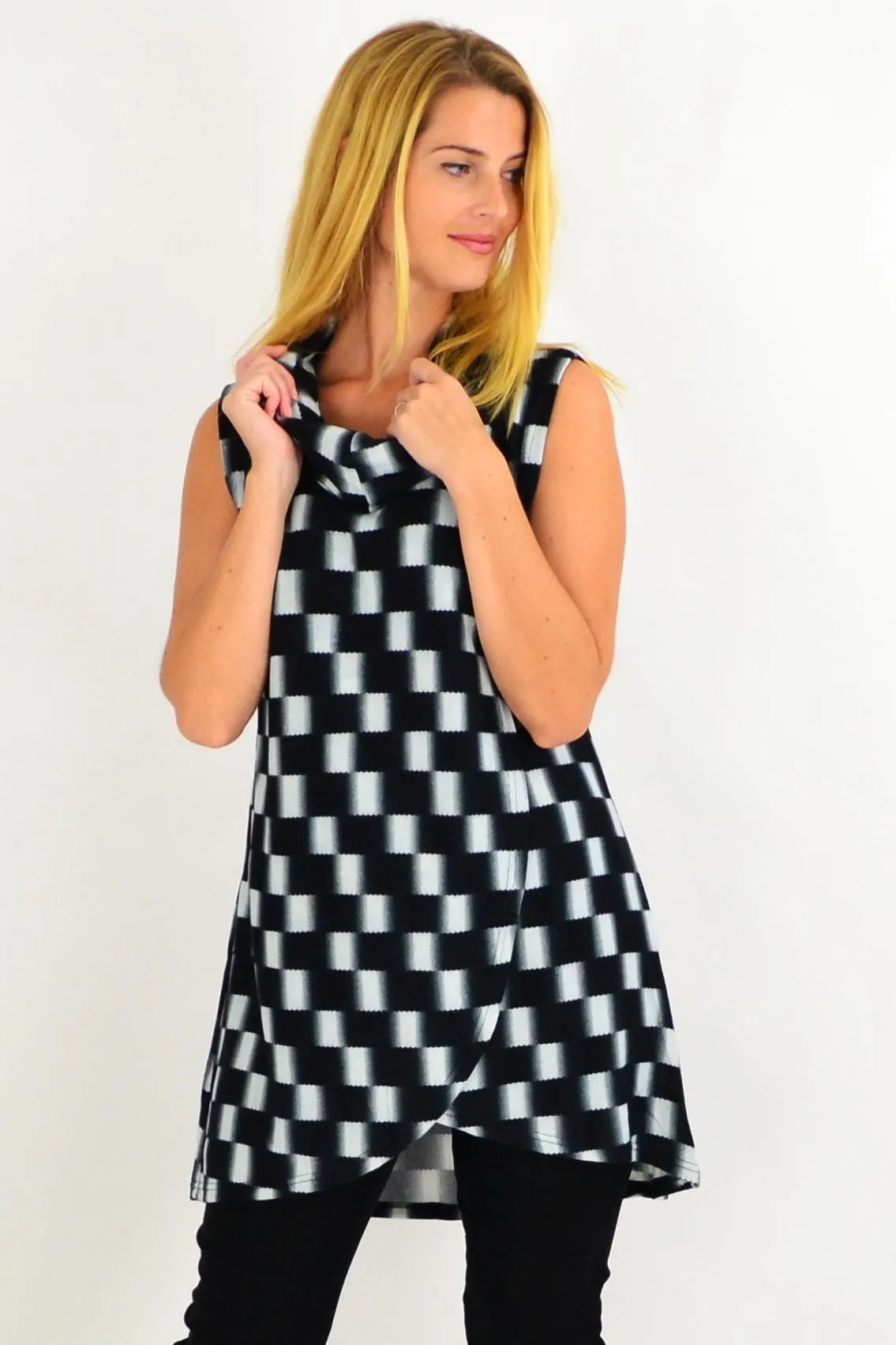 Black Check Fold Over Front Tunic Top