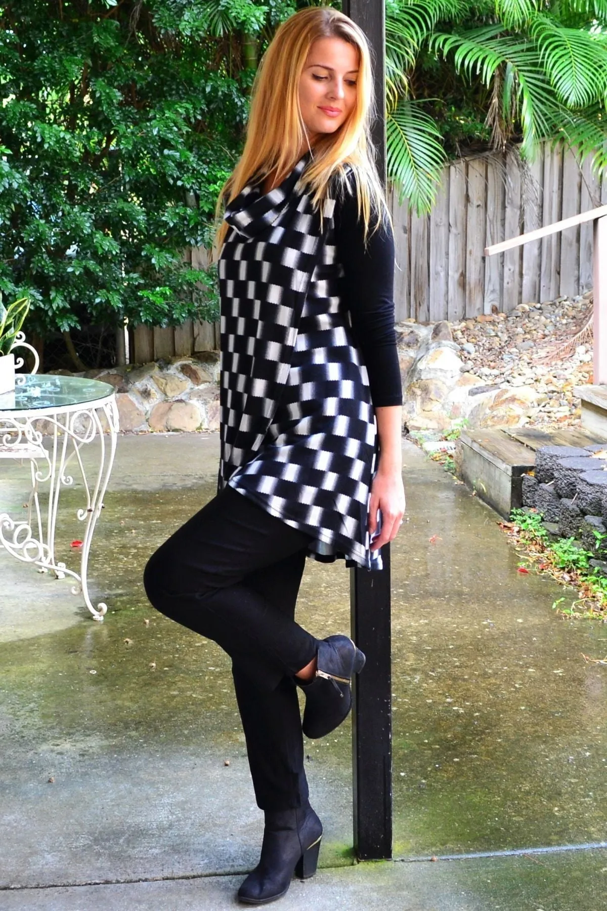 Black Check Fold Over Front Tunic Top