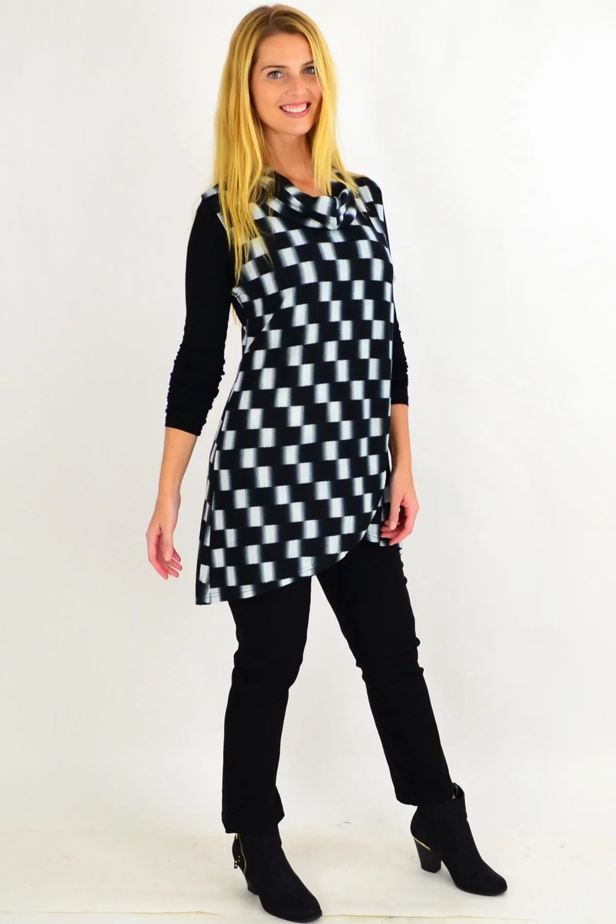 Black Check Fold Over Front Tunic Top