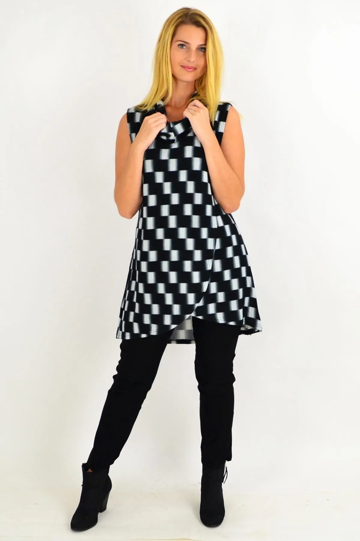 Black Check Fold Over Front Tunic Top