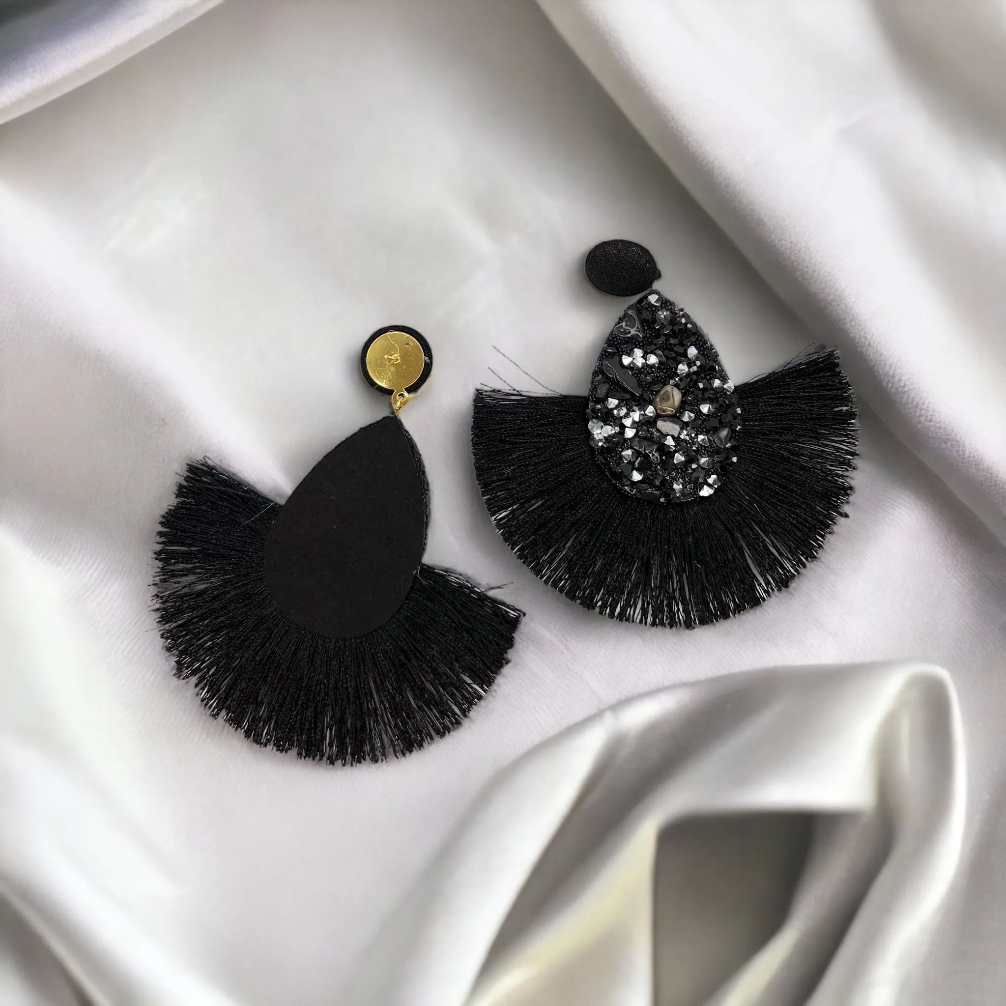 Black Tassel Earrings - Black Rhinestones, hinestone Accessories, Black Earrings, Black and Silver Earrings