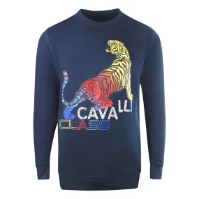 Cavalli Class Bold Tiger Design Navy Blue Sweatshirt