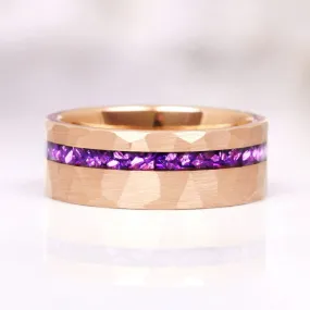 Crushed Amethyst Wedding Band- 8MM Rose Gold Tungsten