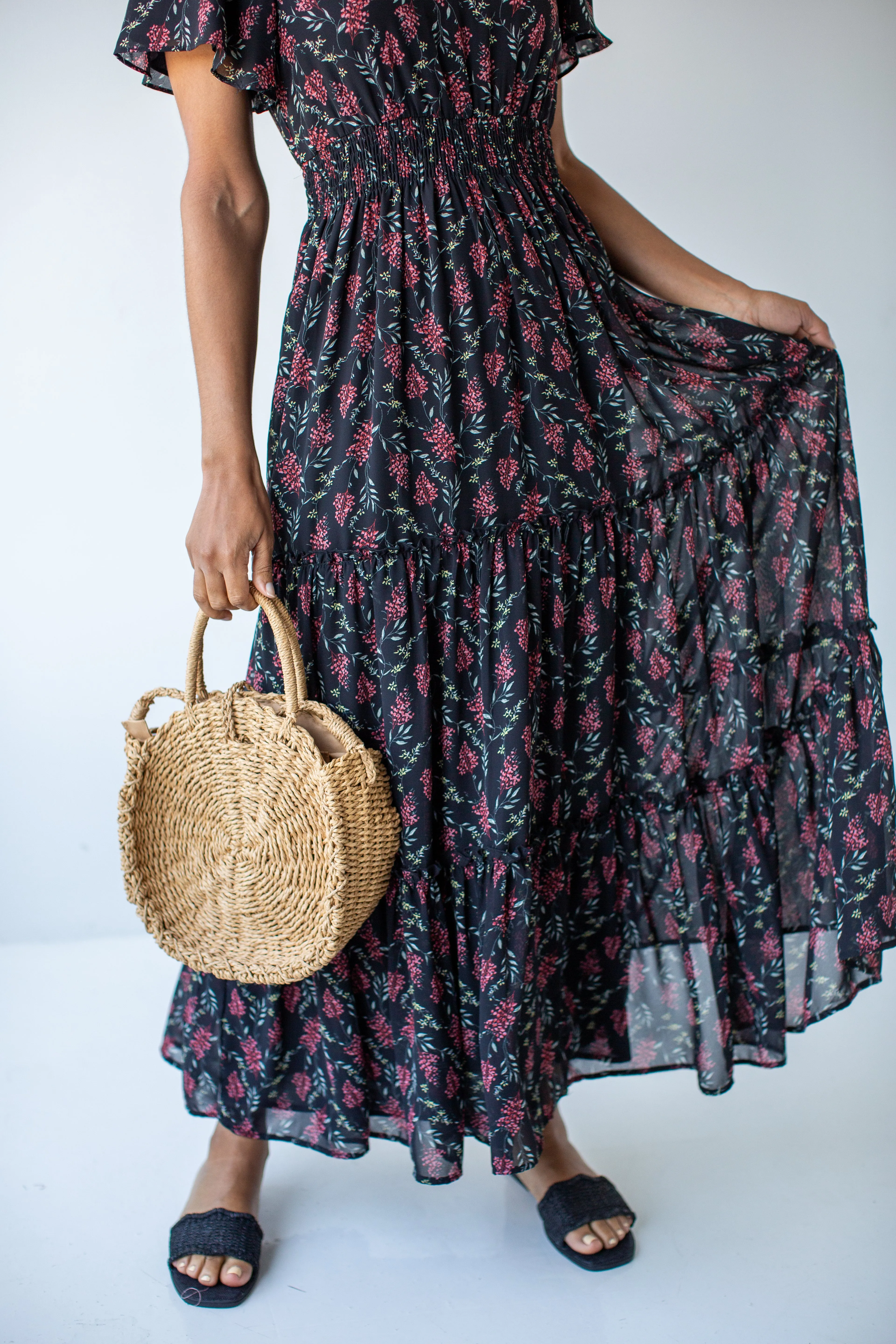 'Elizabeth' Botanical Print Tiered Maxi Dress in Black