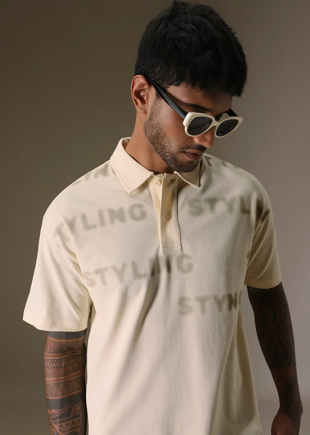 Faded Print Cream Polo T-shirt