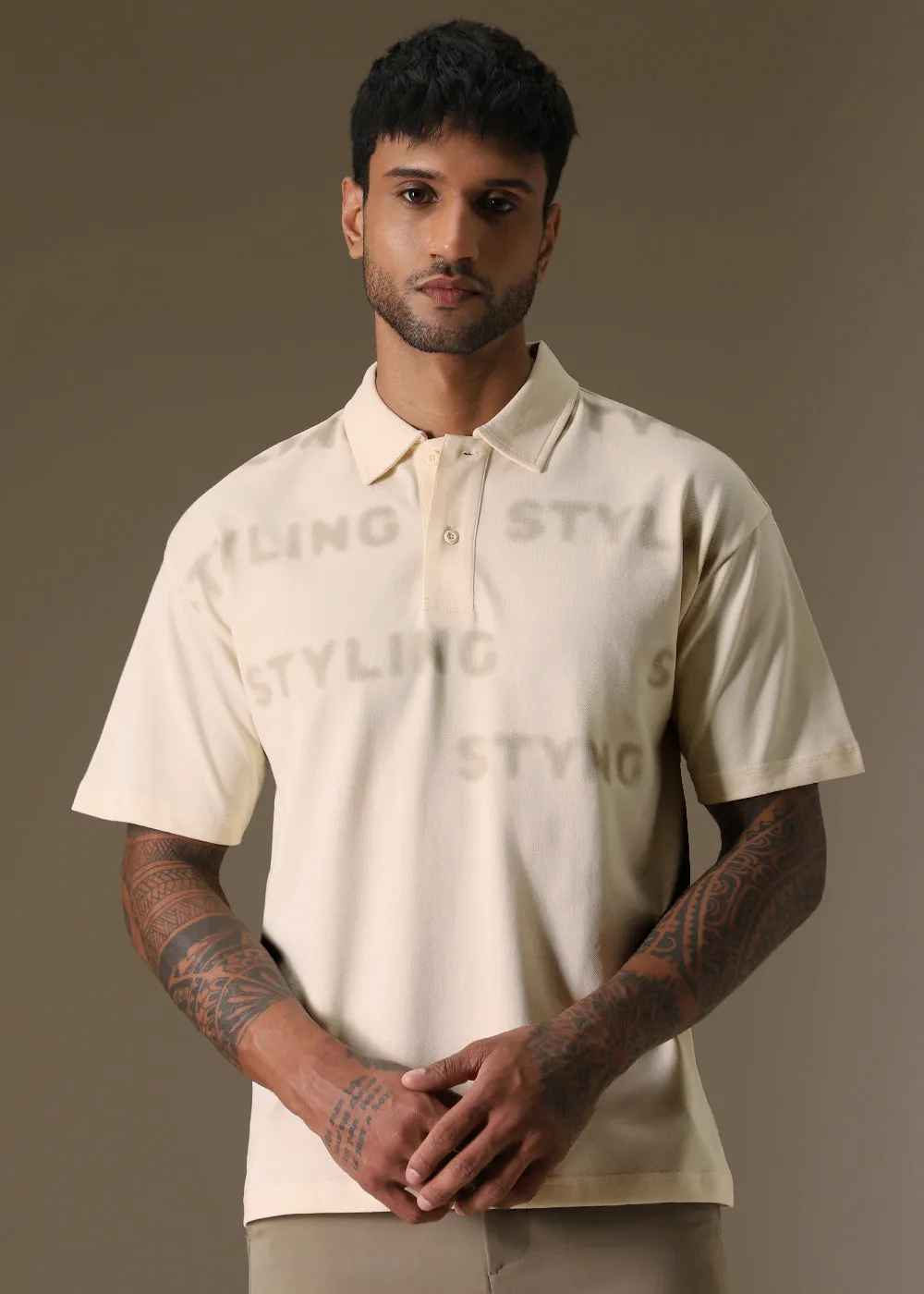 Faded Print Cream Polo T-shirt