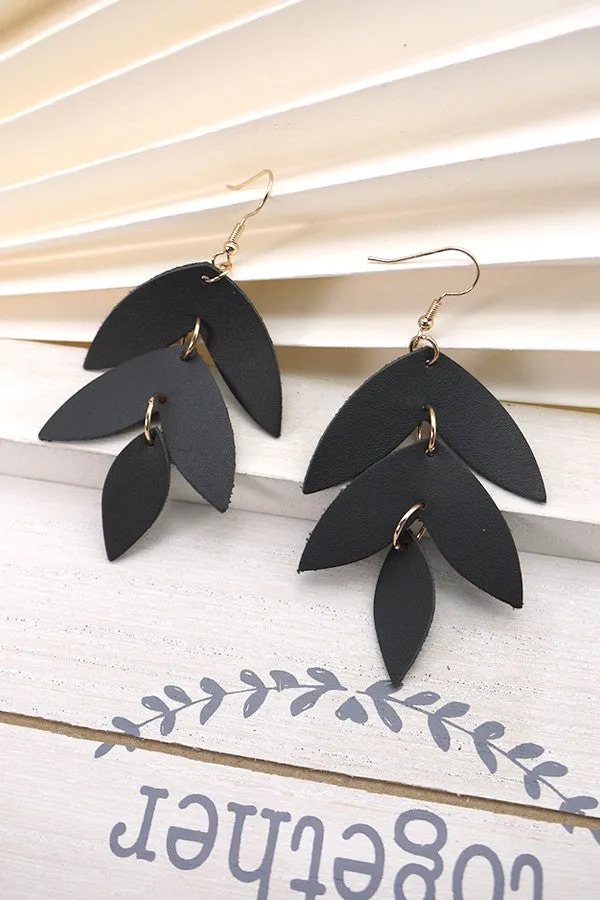 Genuine Leather Leaf Dangle Earrings- Black