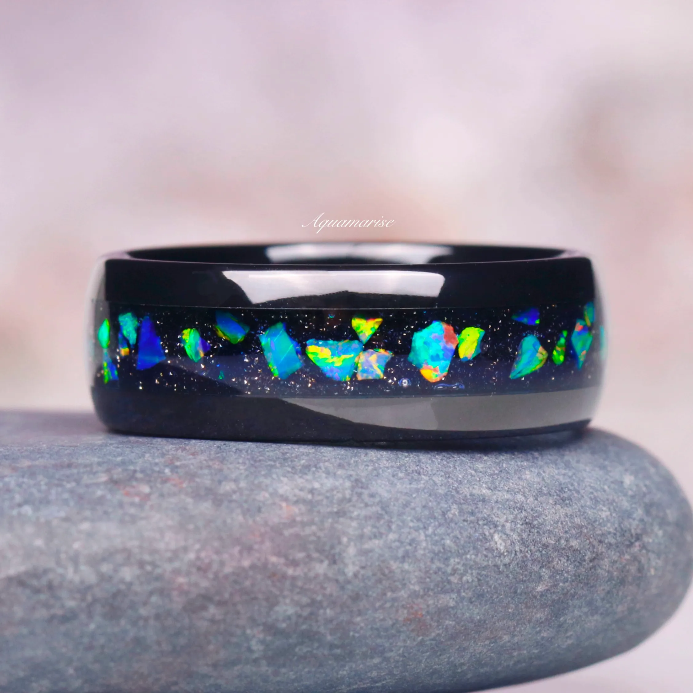 Green Fire Opal & Starry Night Wedding Band- 8MM Black Tungsten