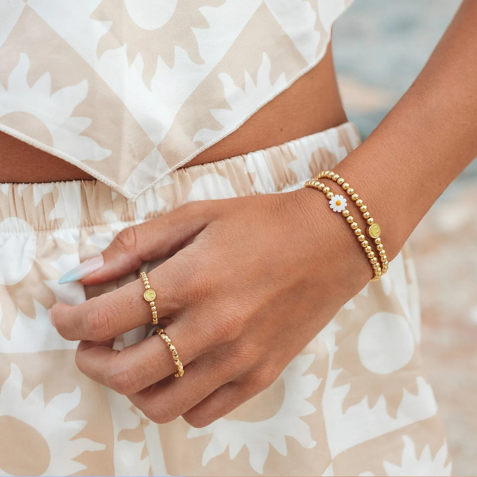 Happy Face Gold Bead Stretch Bracelet