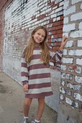 Kids Maroon Strip Knit Long Sleeve Dress