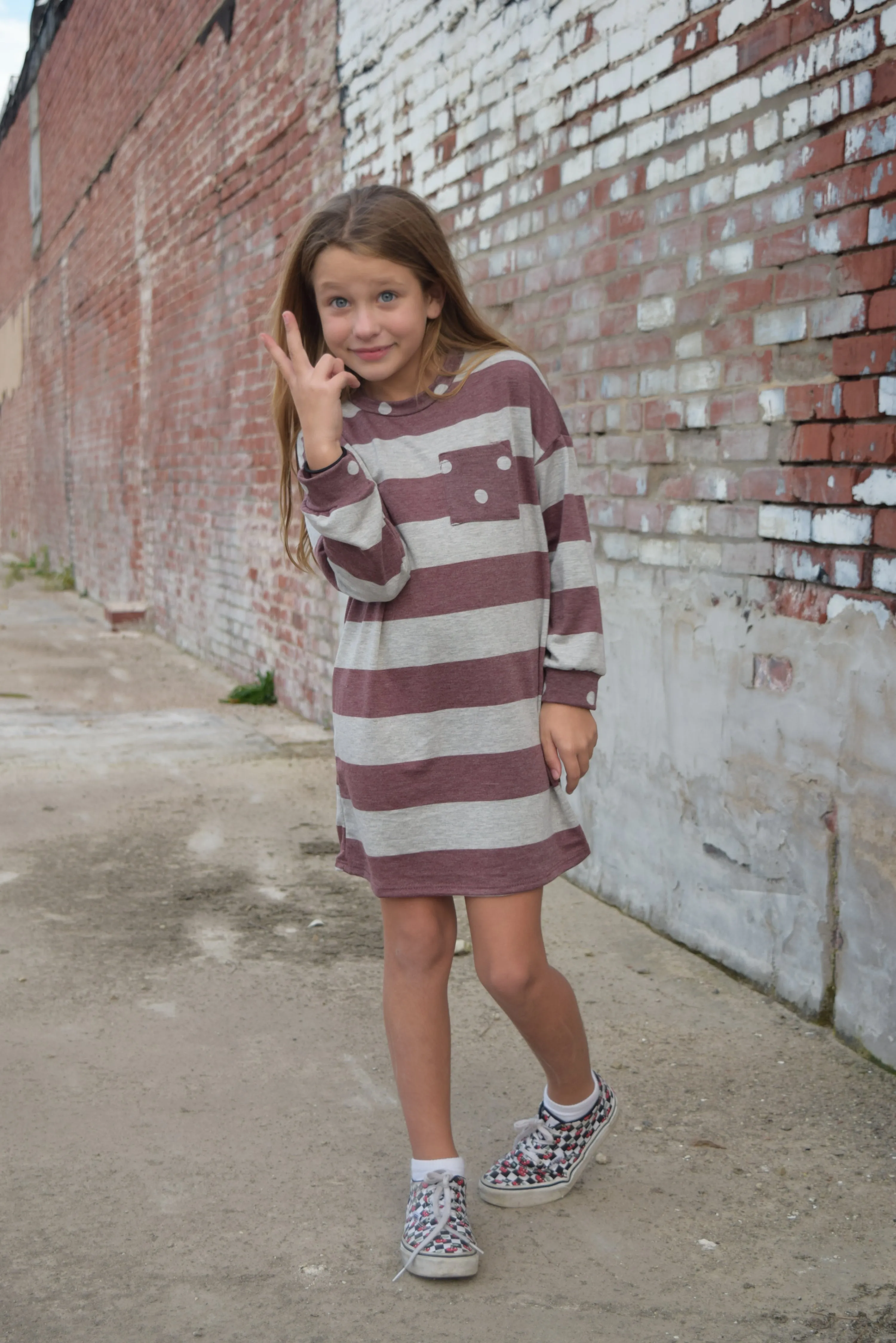 Kids Maroon Strip Knit Long Sleeve Dress