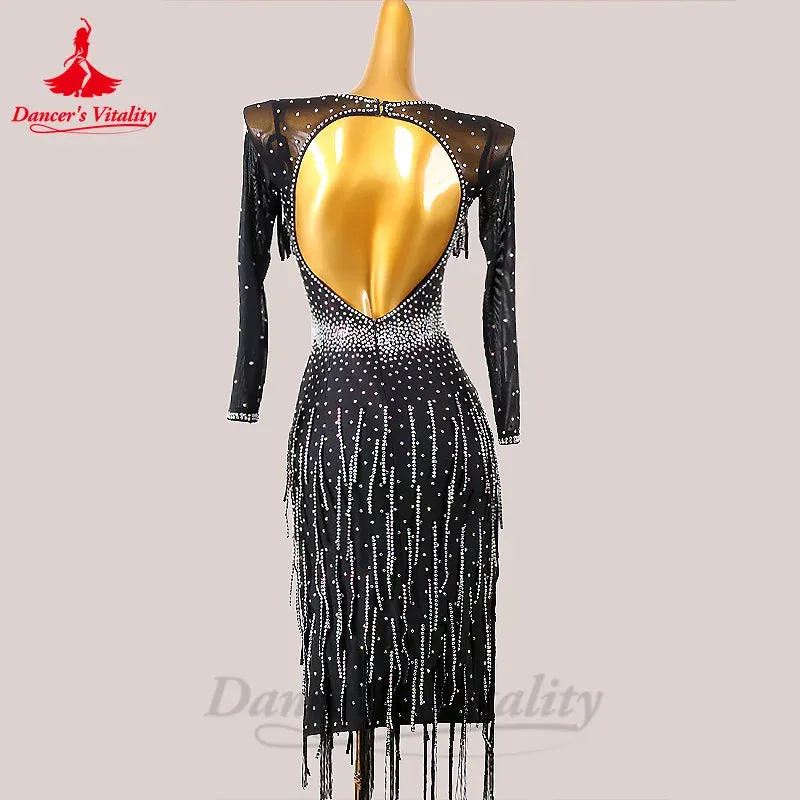 Latin Dance Competiton Dress for Women Gauze Long Sleeves AB Stones Chacha Performance Costume Cusom Adult Child Latin Dresses