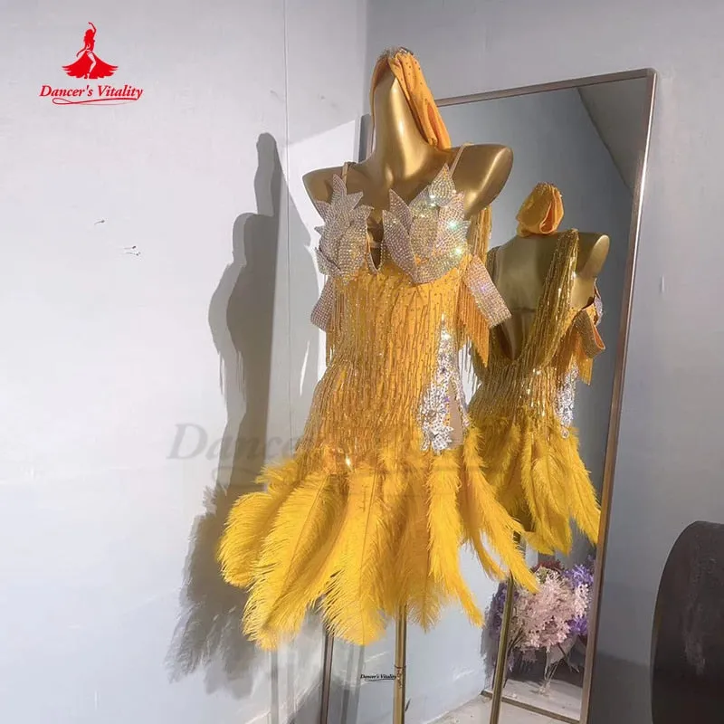 Latin Dance Dress for Women Senior Full AB Stones Dancing Costume Customsized Children Adult Rumba Chacha Latin Fringe Dress