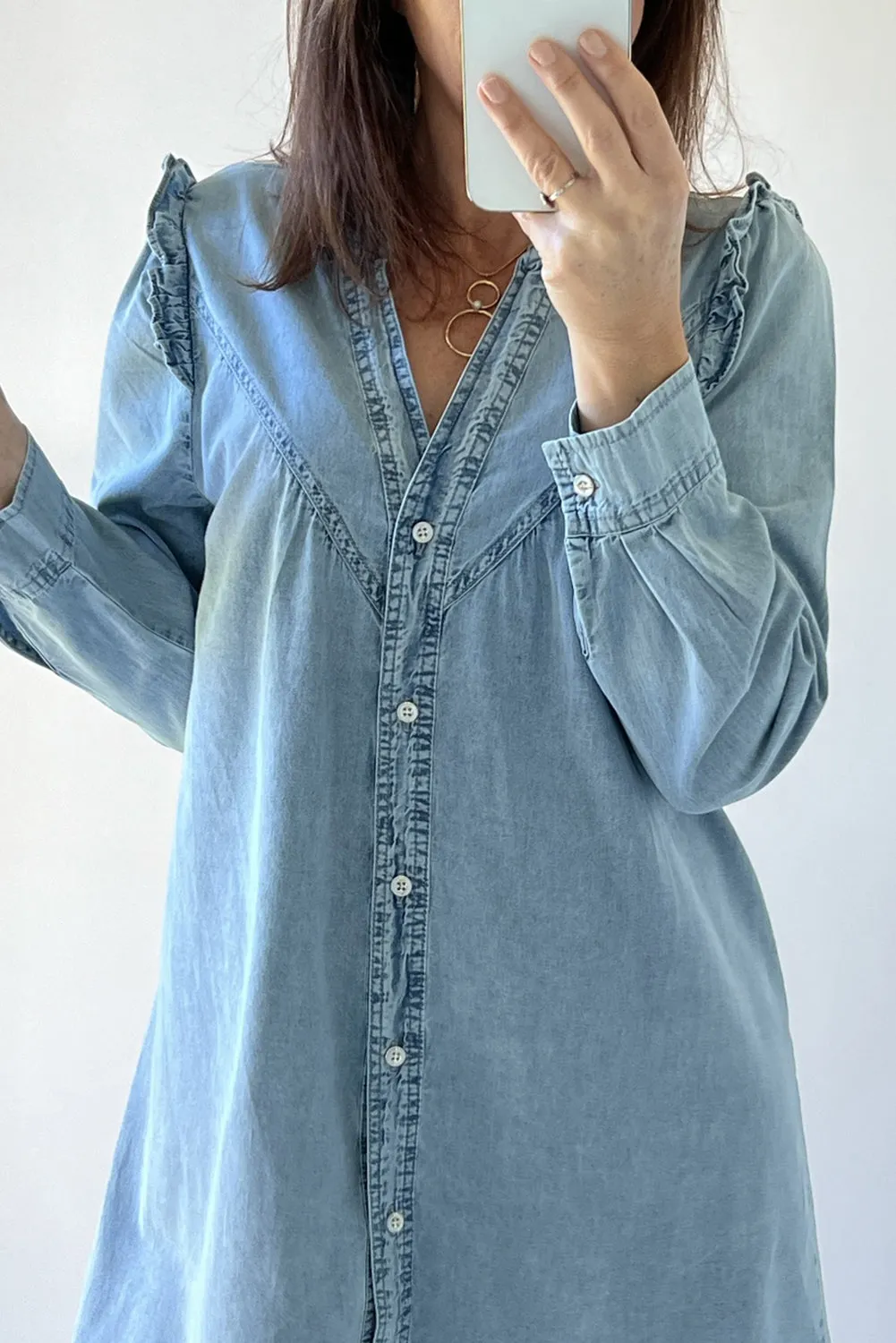 Ruffled V Neck Buttoned Shift Denim Dress