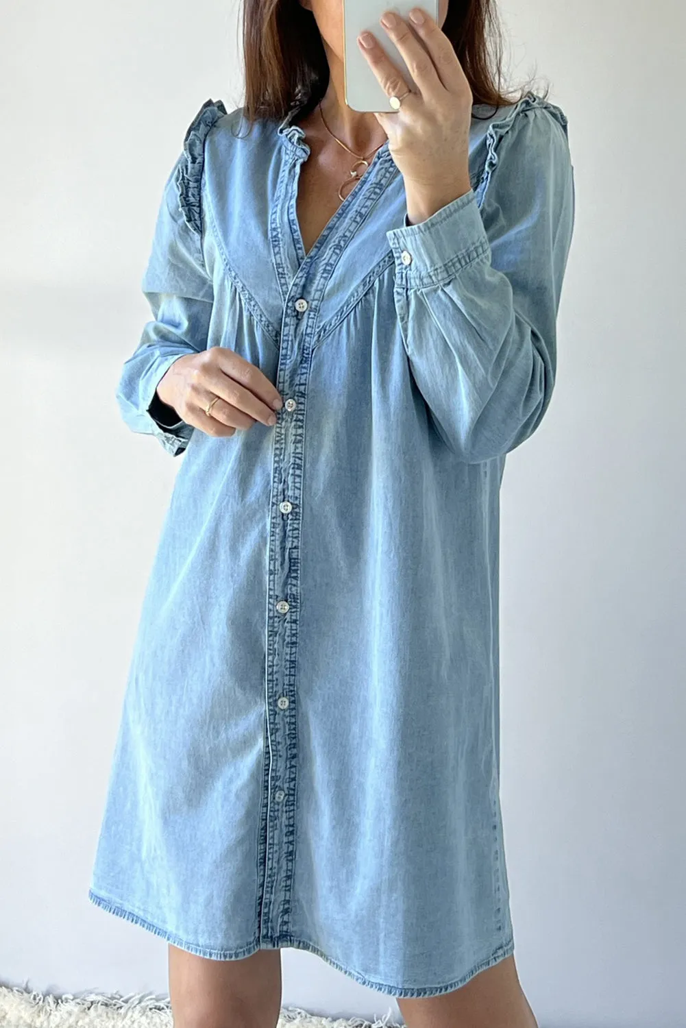 Ruffled V Neck Buttoned Shift Denim Dress