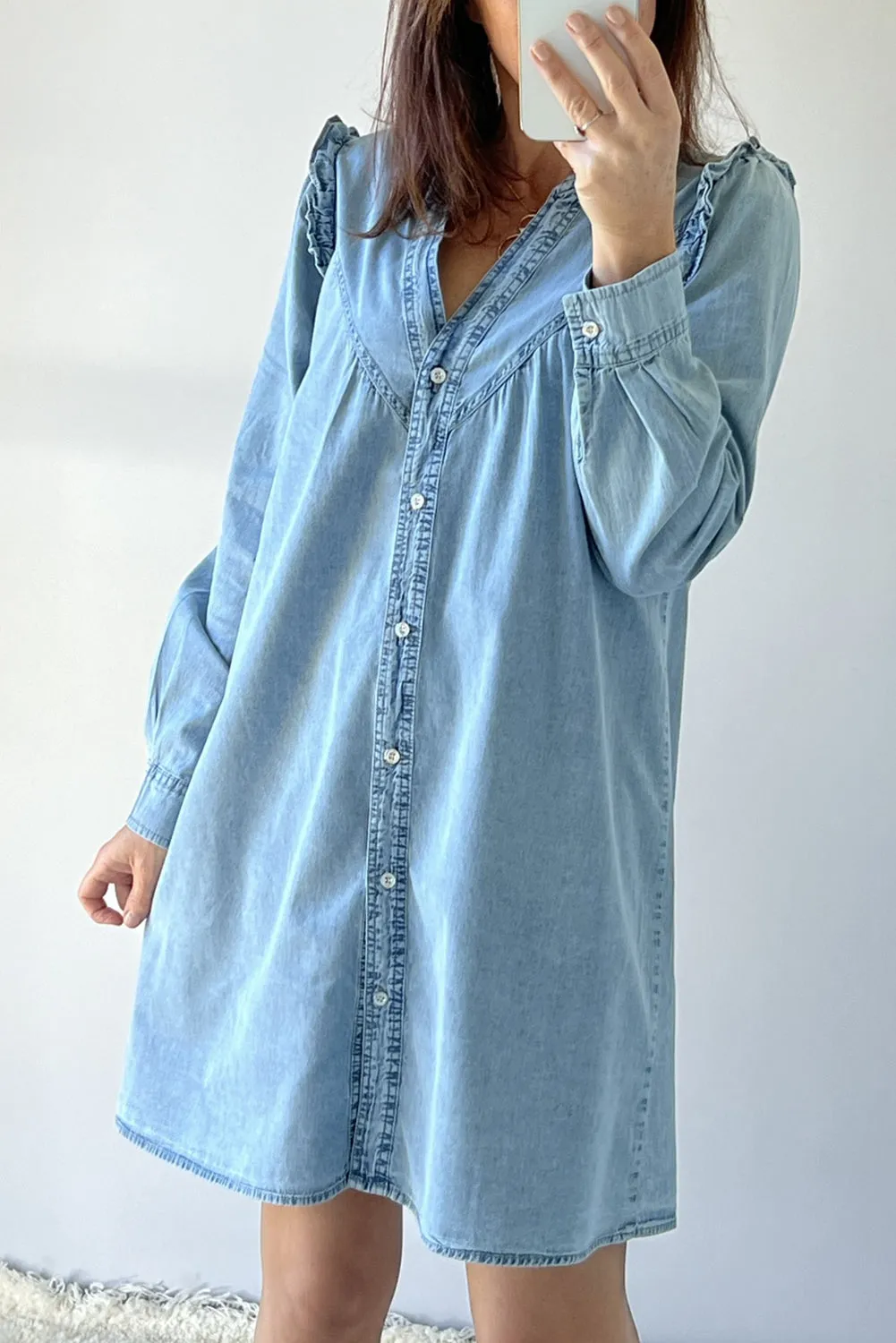 Ruffled V Neck Buttoned Shift Denim Dress