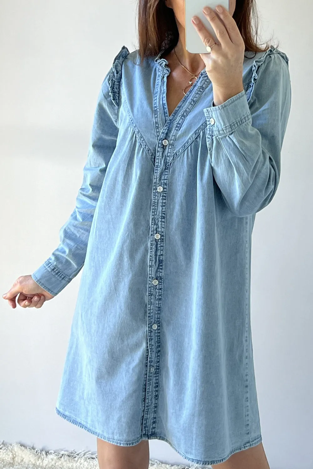 Ruffled V Neck Buttoned Shift Denim Dress