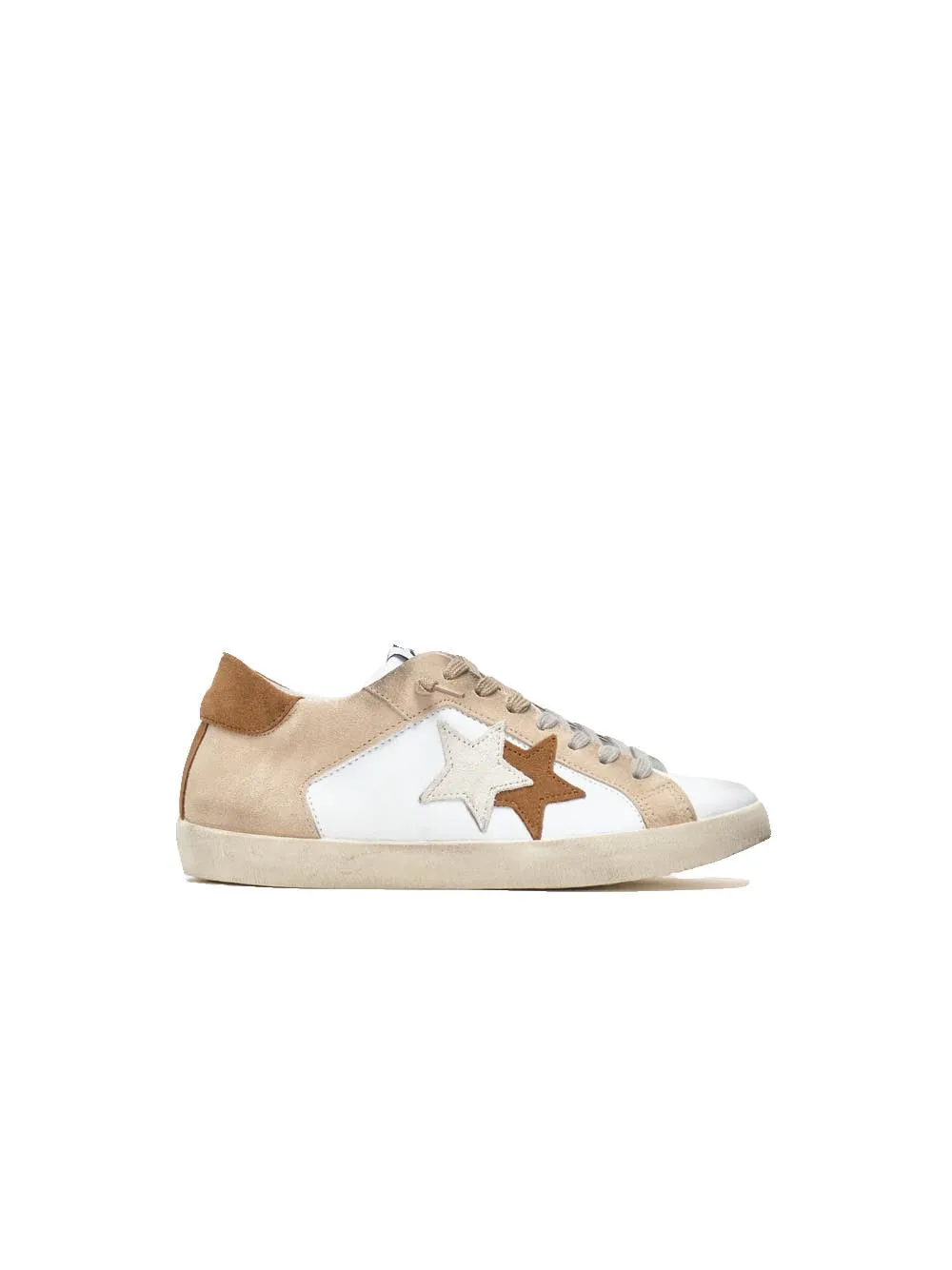 Sneakers Low 100 In Pelle Bianca Dettagli Crosta Beige/Ghiaccio/Marrone Con Effetto ''Used''