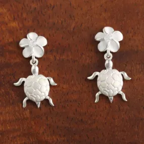 Sterling Silver 8mm Plumeria with CZ and Honu (Hawaiian Turtle) Post Earrings